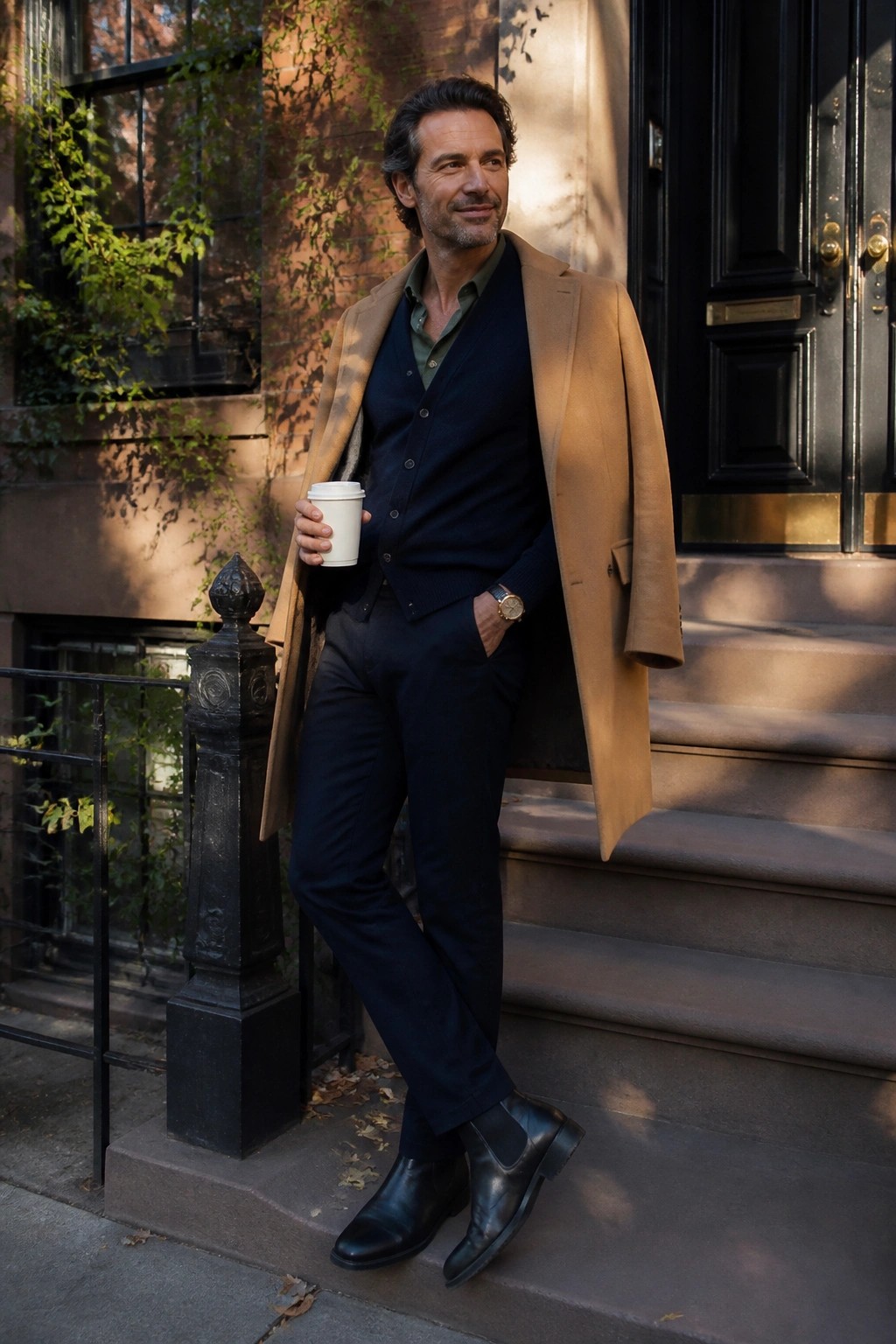 Man in tan overcoat and navy cardigan holds coffee on brownstone steps