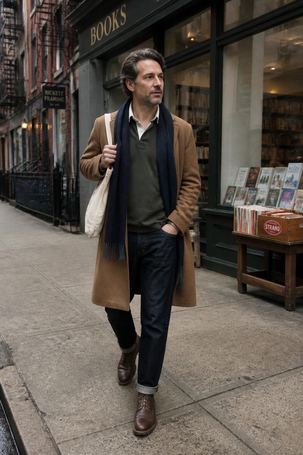 Man in brown coat and blue scarf carrying tote bag outside bookstore on sidewalk