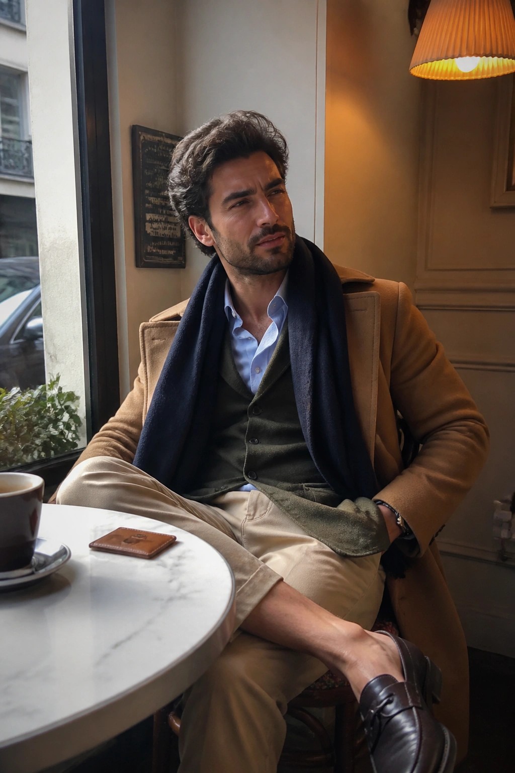 Man in tan coat, blue scarf, green vest seated at café table with coffee