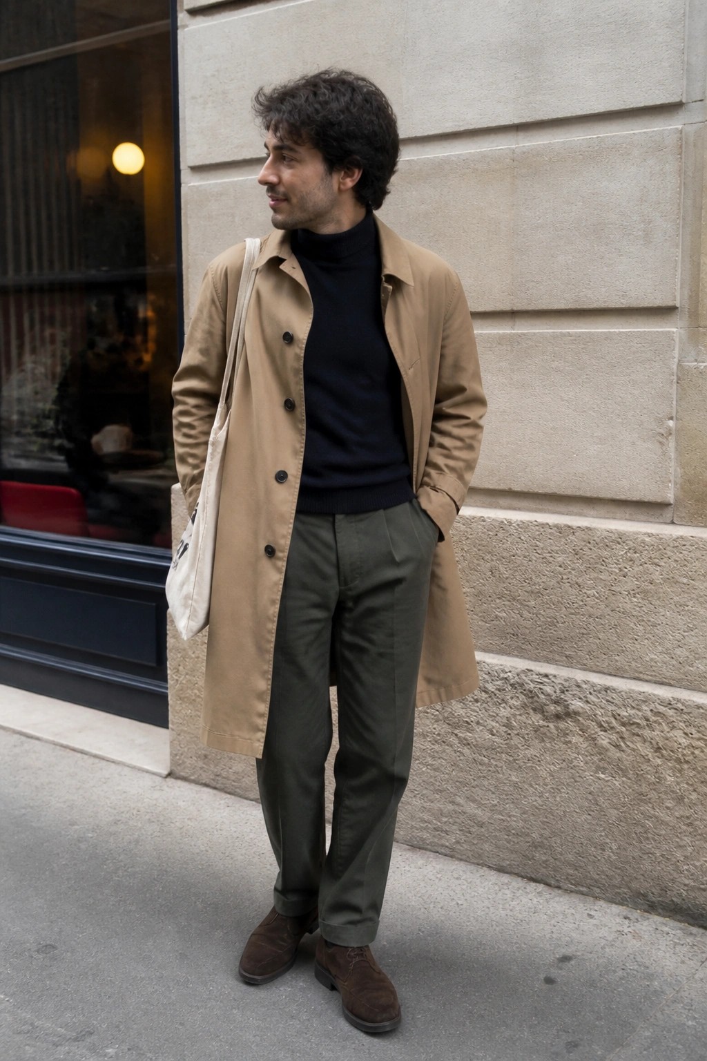 Man in tan trench coat over black turtleneck, olive pants, with tote bag.