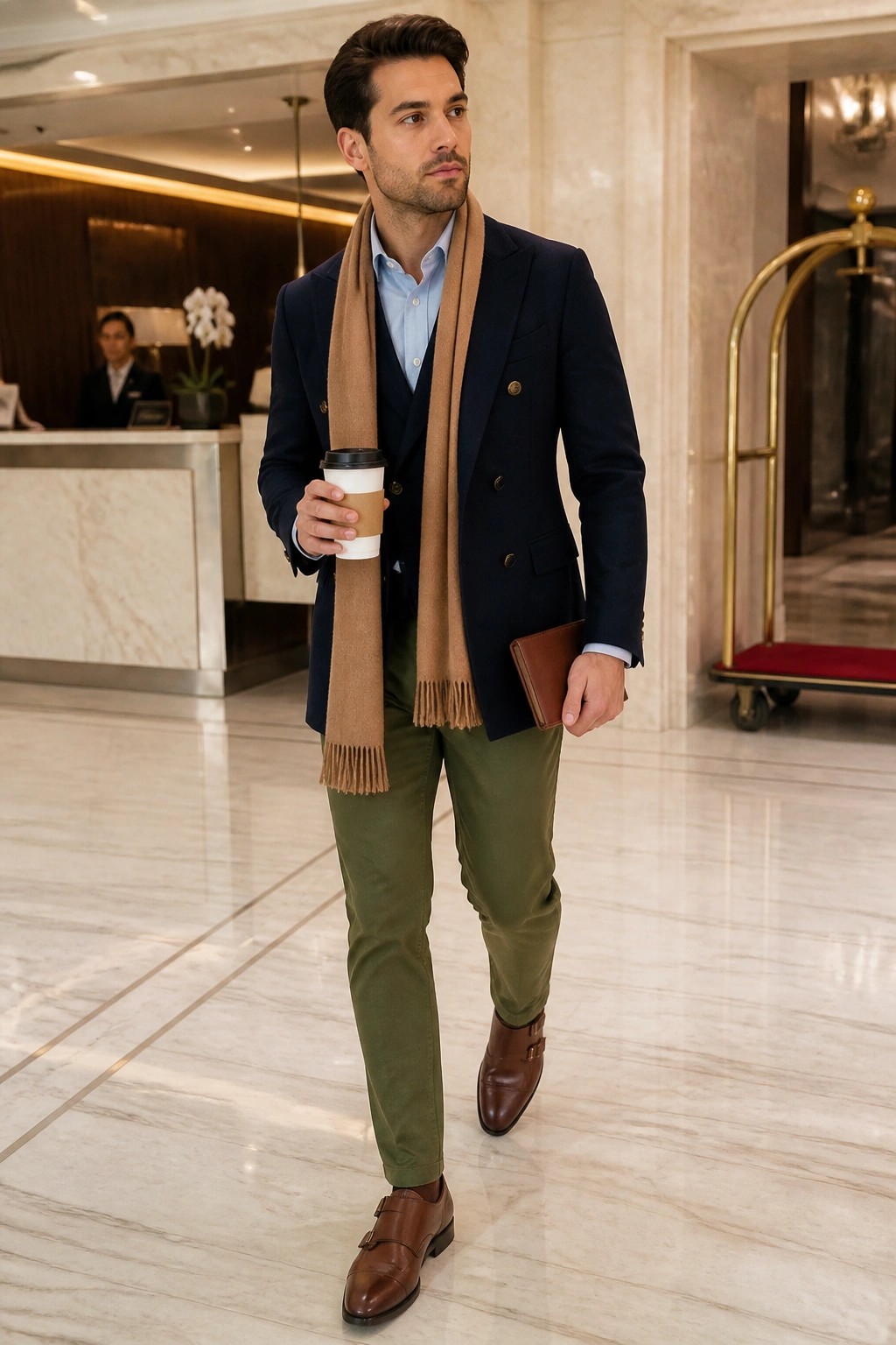 Man in navy blazer, tan scarf, green pants holding coffee in marble lobby