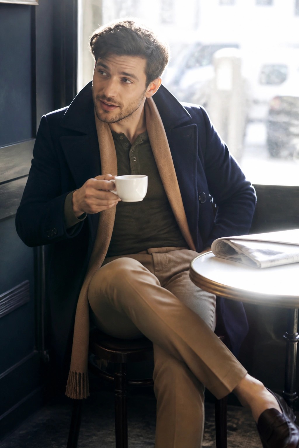 Man in navy coat and beige scarf holding coffee cup at cafe table