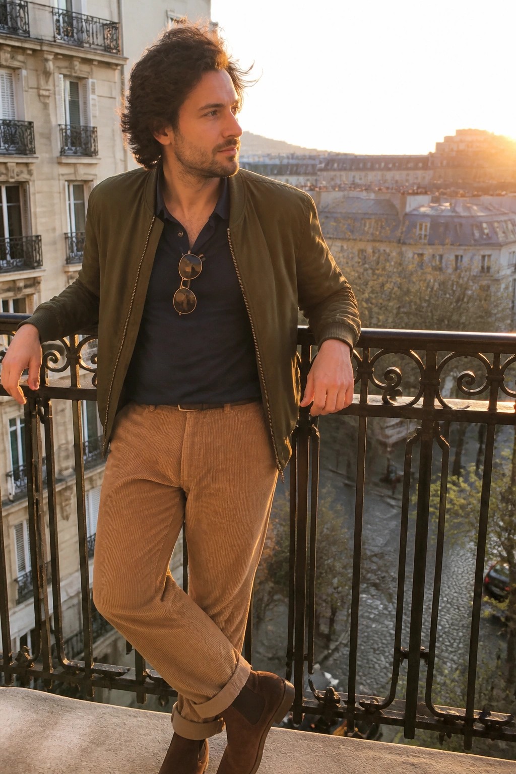Man in green bomber jacket and corduroy pants leans on ornate Paris balcony at sunset