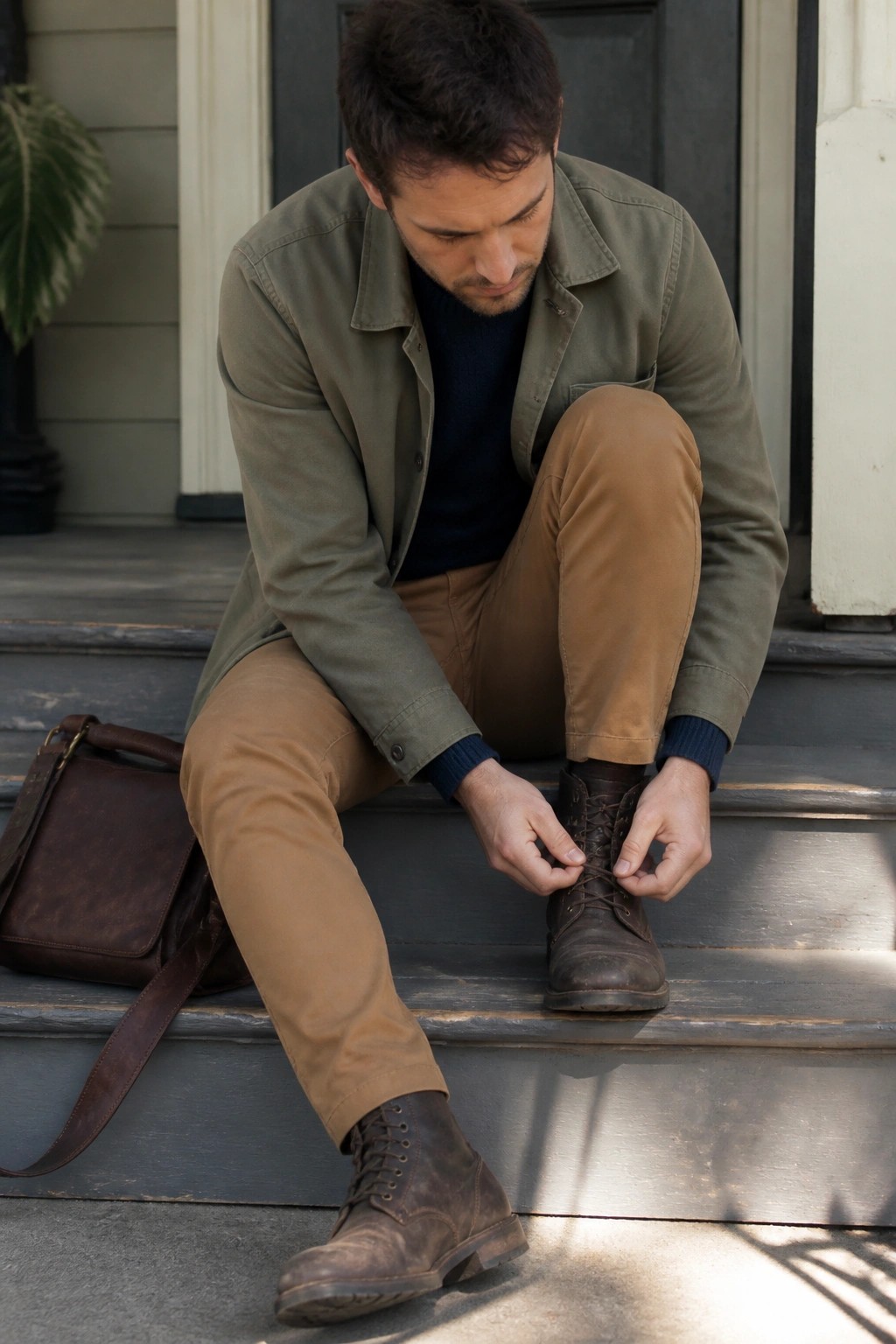 Man tying brown boots on wooden steps beside leather bag, wearing green jacket and brown pants