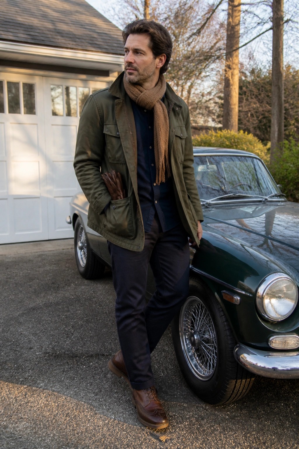 Man in olive jacket and brown scarf leans on vintage green car