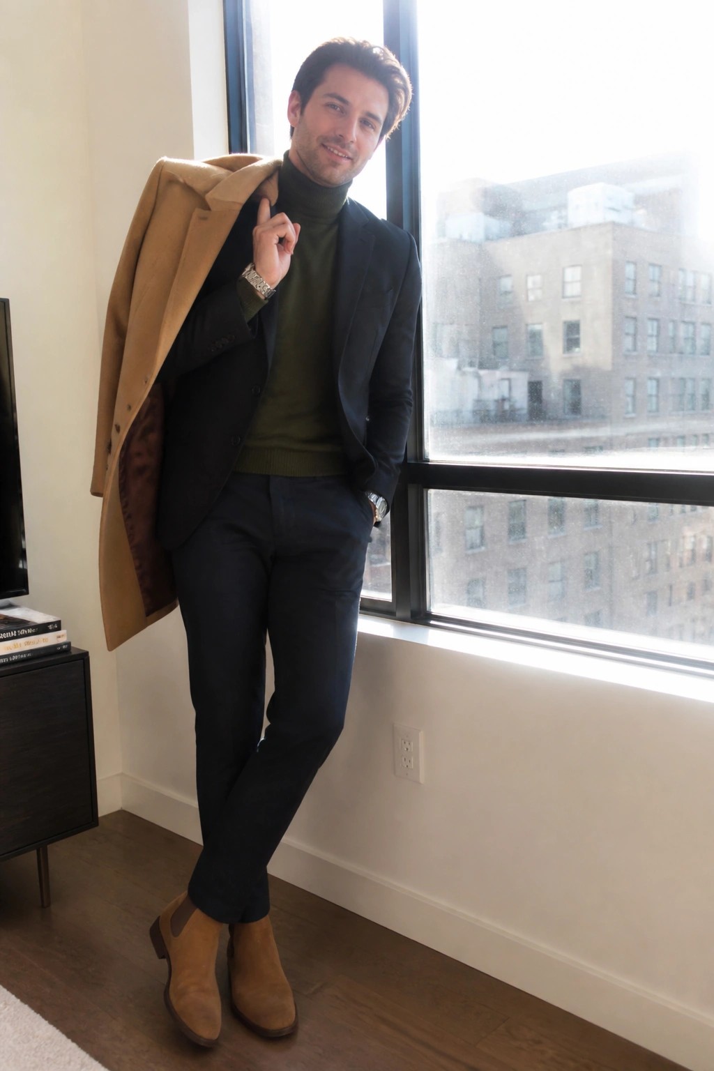 Man in navy suit, green turtleneck, and suede boots holding camel coat by window