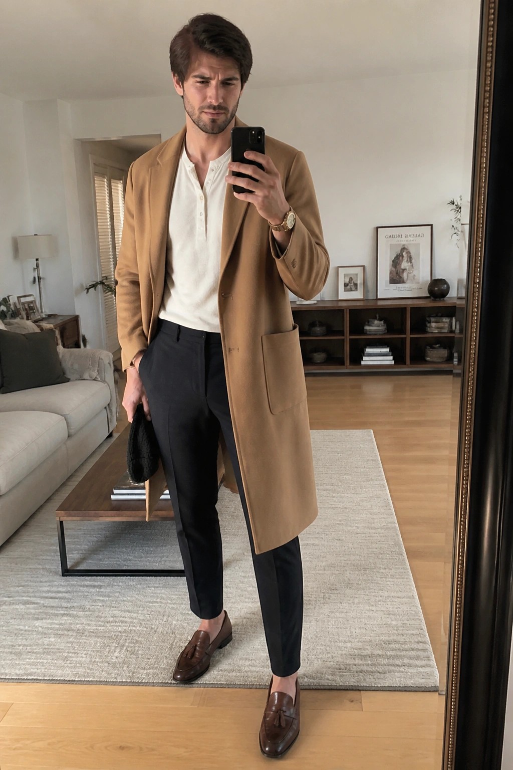 Man in tan overcoat over white sweater taking mirror selfie in living room