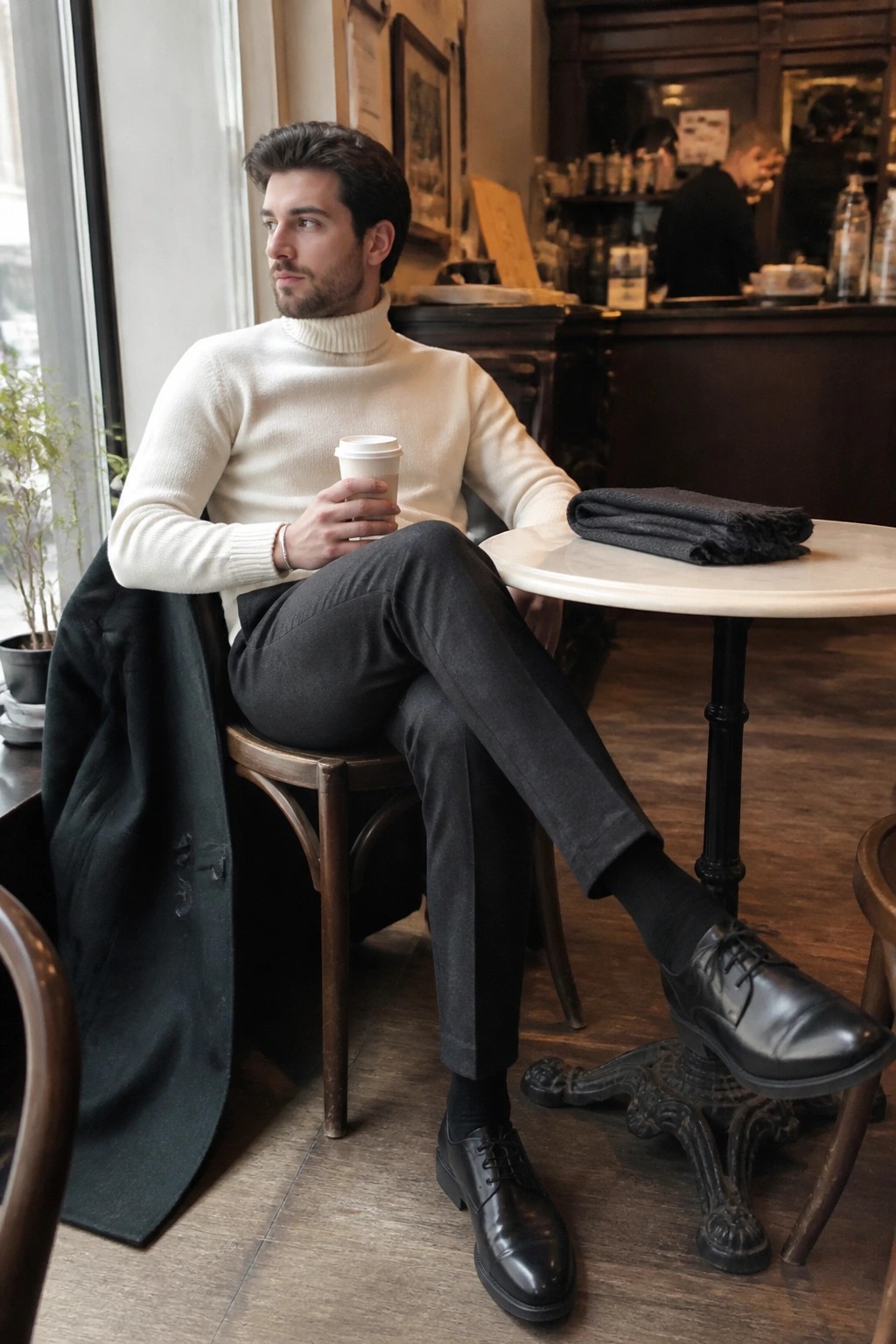 Man in white turtleneck sweater holds coffee at cafe table with black coat nearby
