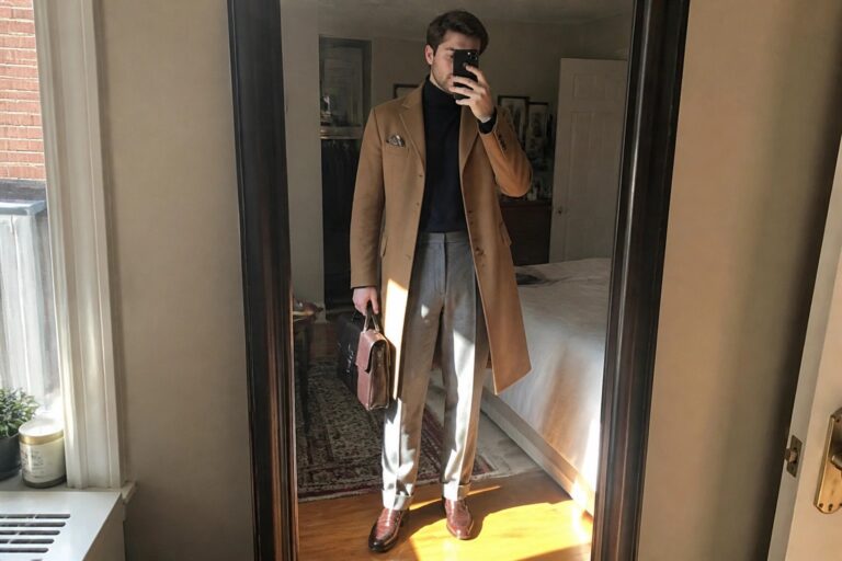 19 Old Money Fall Outfits for Tall Men With Longline Outerwear Man in tan overcoat and navy turtleneck takes mirror selfie in bedroom