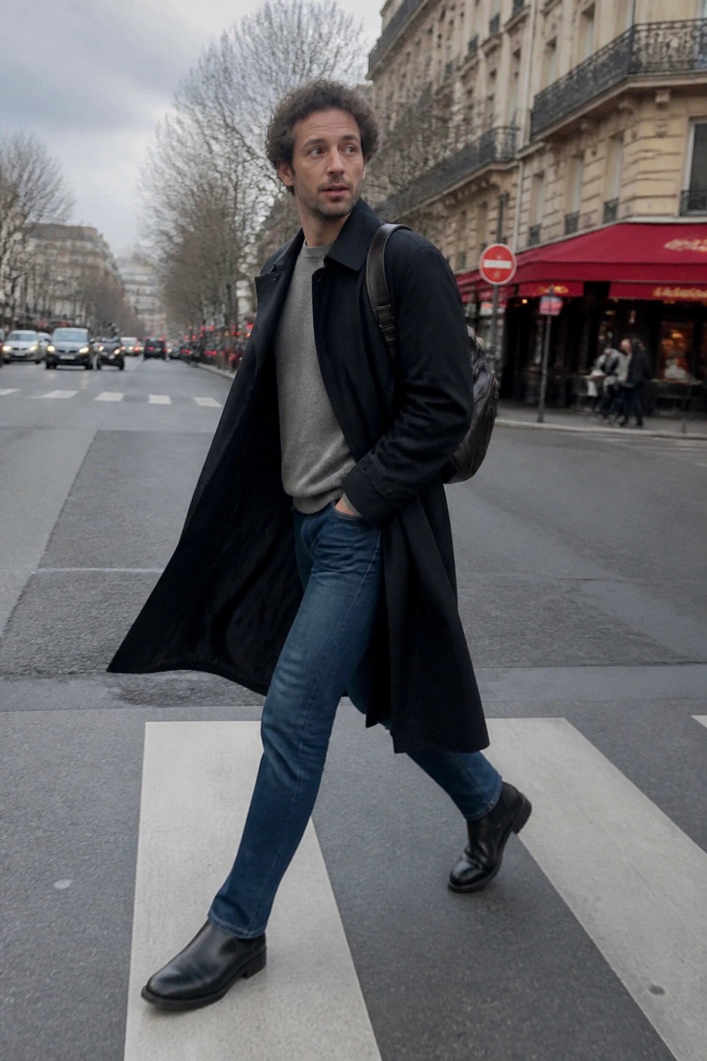 Man in black coat and jeans with backpack crossing urban street crosswalk