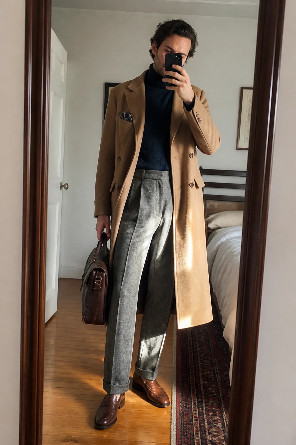 Man in tan overcoat and navy turtleneck takes mirror selfie in bedroom