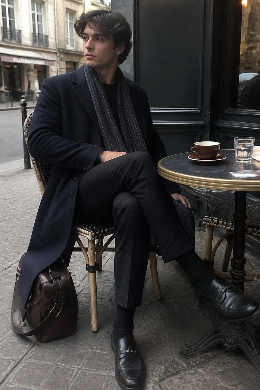 Man in navy overcoat and striped scarf at Parisian cafe with leather bag.