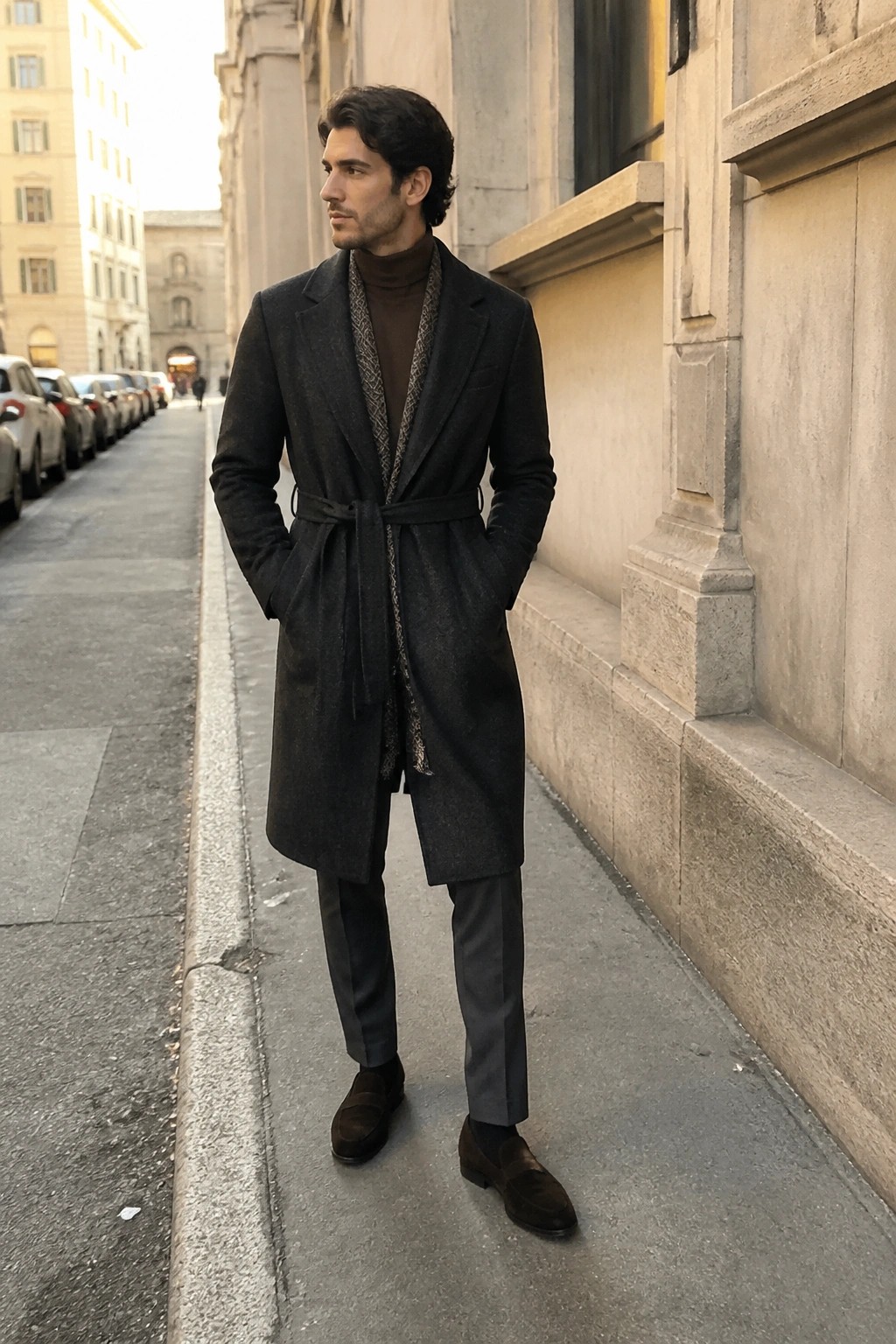 Tall man wearing a long dark gray belted overcoat over a brown turtleneck with patterned inner layer, gray trousers, and brown suede loafers on a city street.