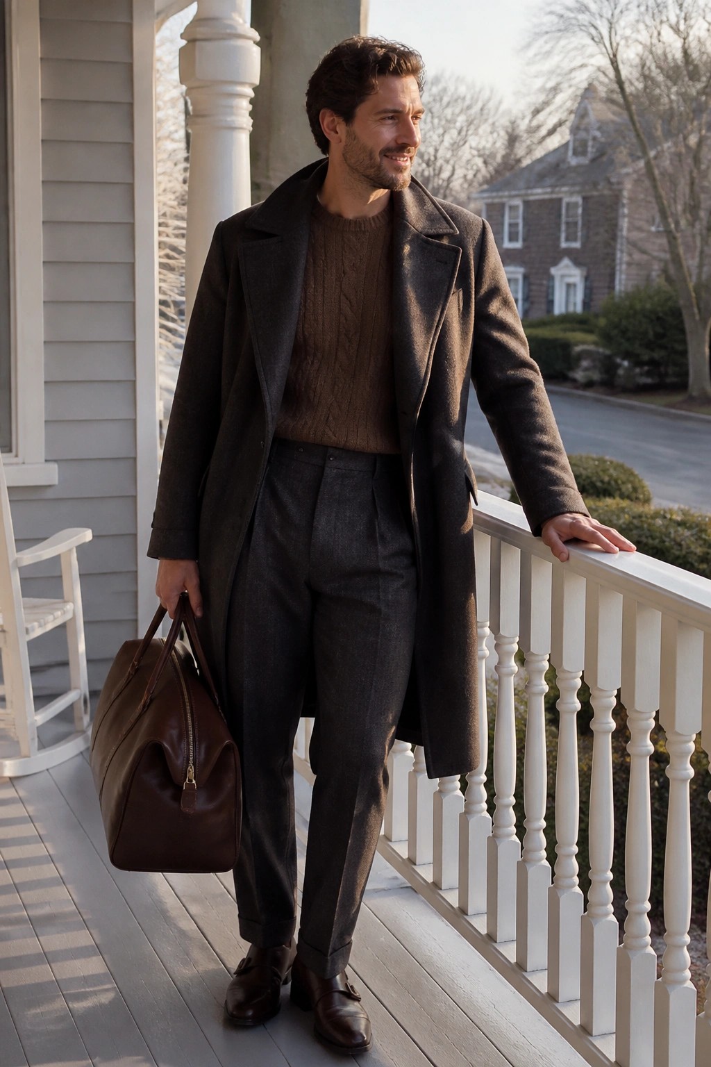 Man in brown overcoat and cable-knit sweater holding leather bag on porch railing