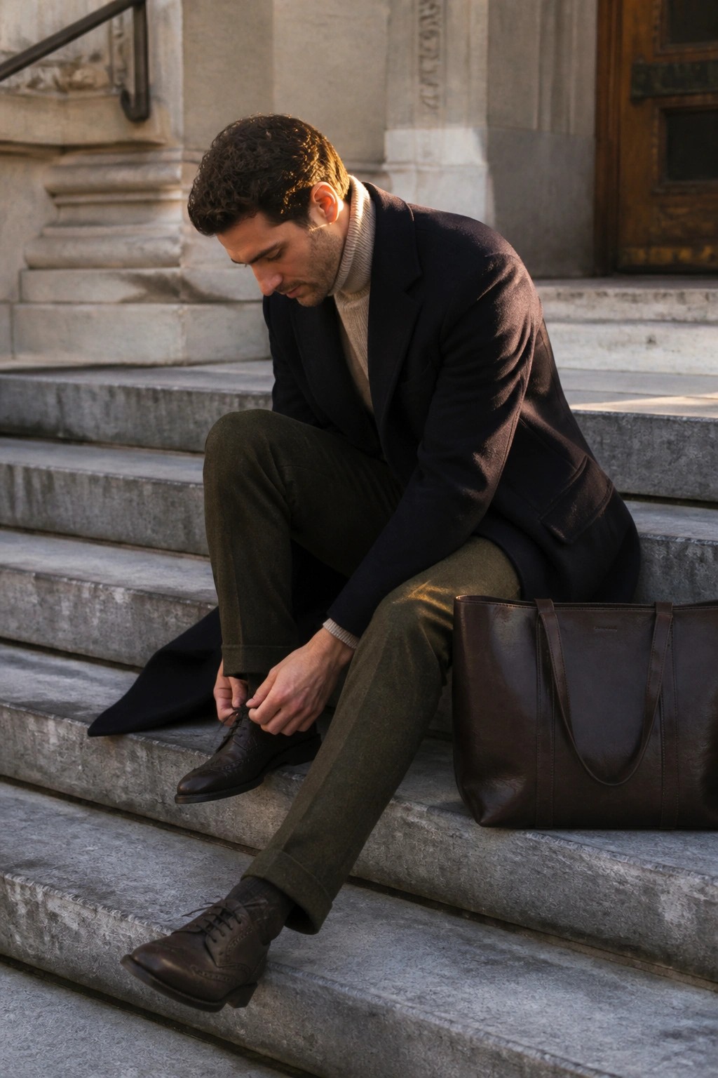 Man in navy coat and turtleneck tying brown shoe on stone steps beside leather tote