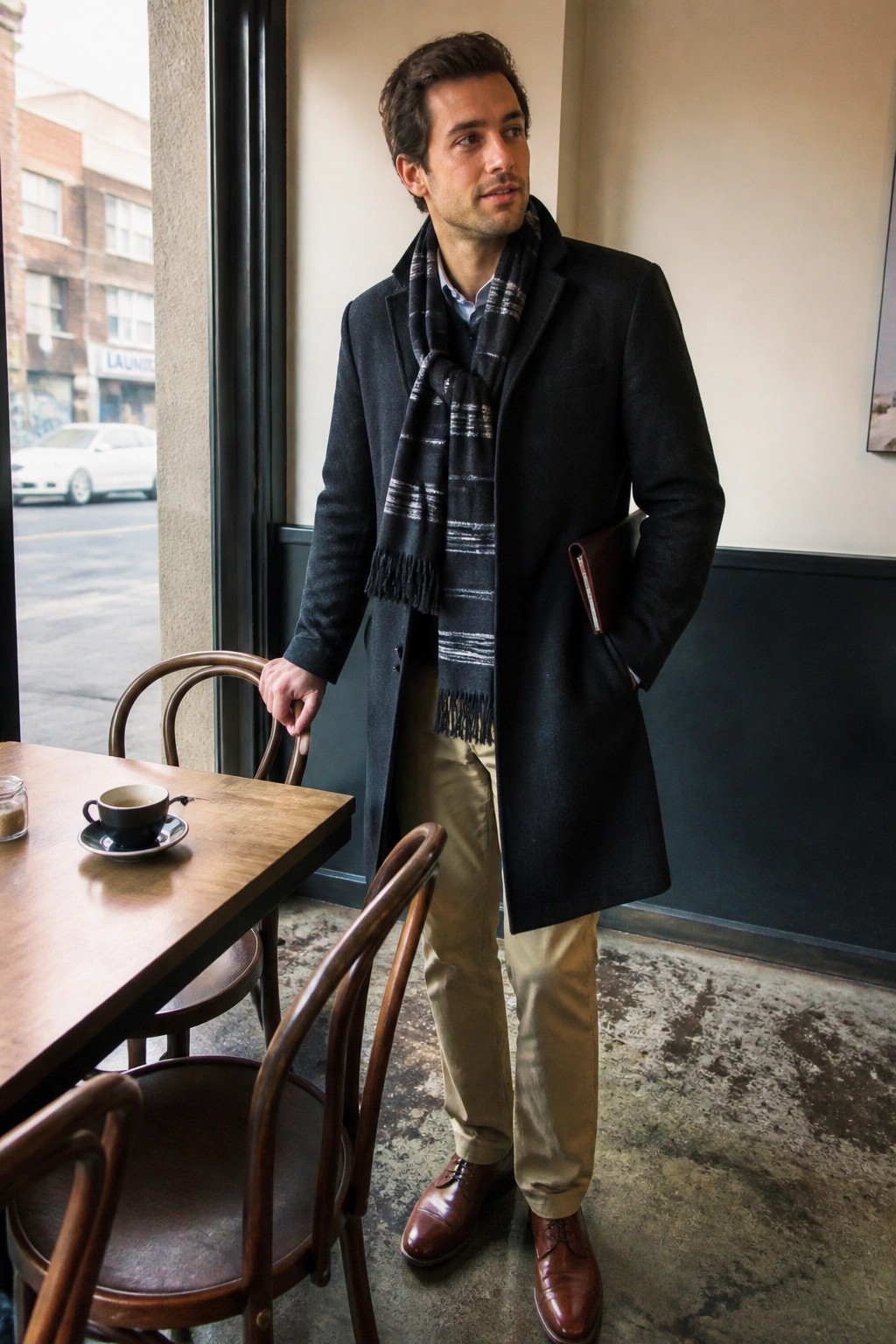 Tall man in dark long overcoat, black and gray striped scarf, light blue shirt, khaki trousers, brown leather shoes and holding a brown leather pouch while standing indoors near a wooden table.