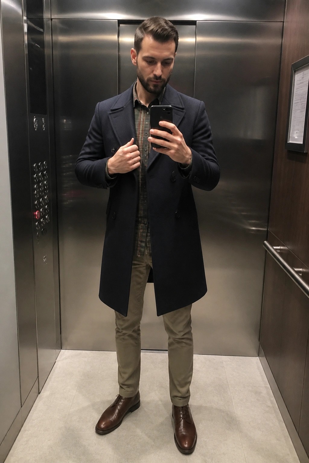 Man in navy overcoat taking mirror selfie with phone in elevator