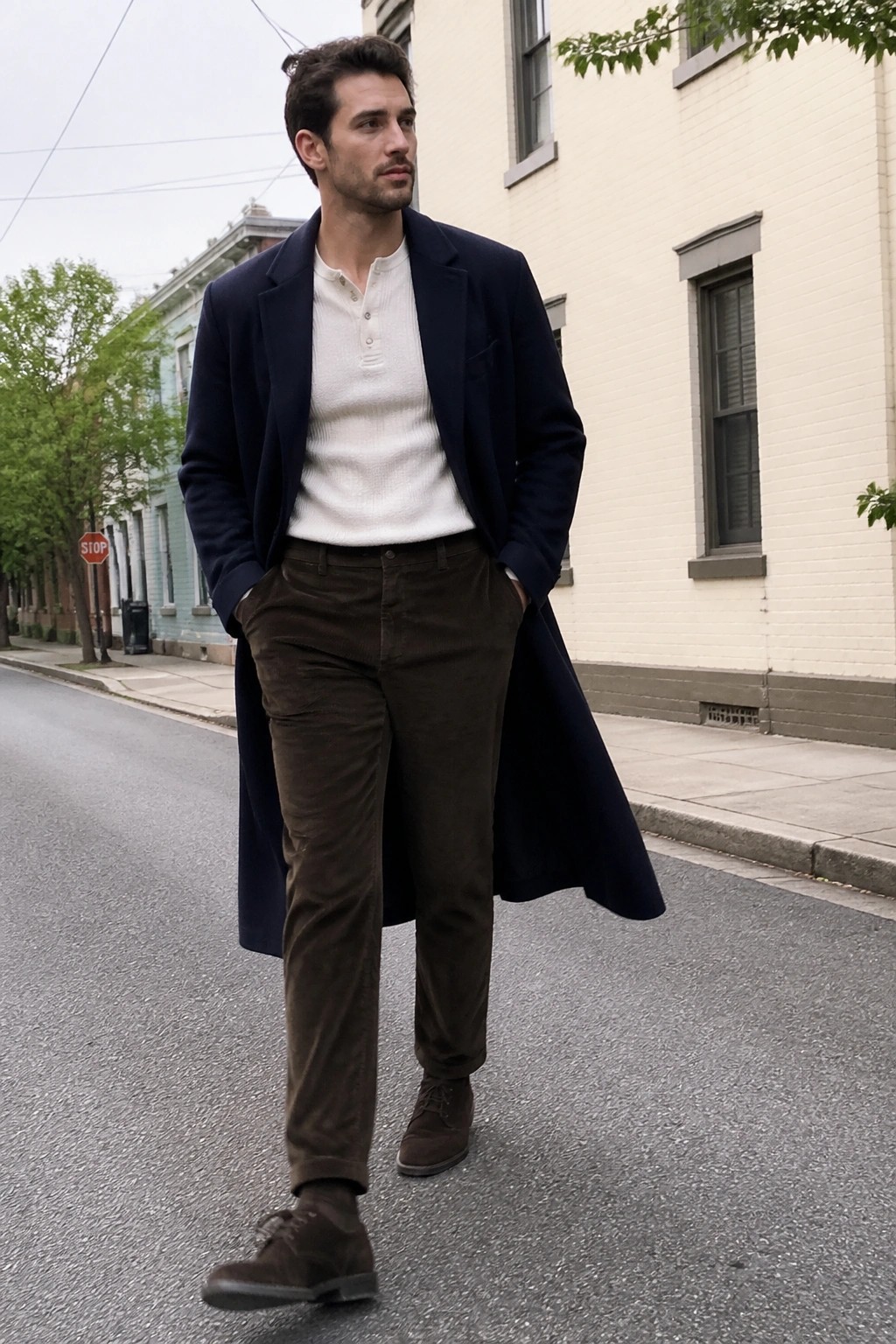 Man in navy overcoat, white sweater and brown corduroy pants on city street.