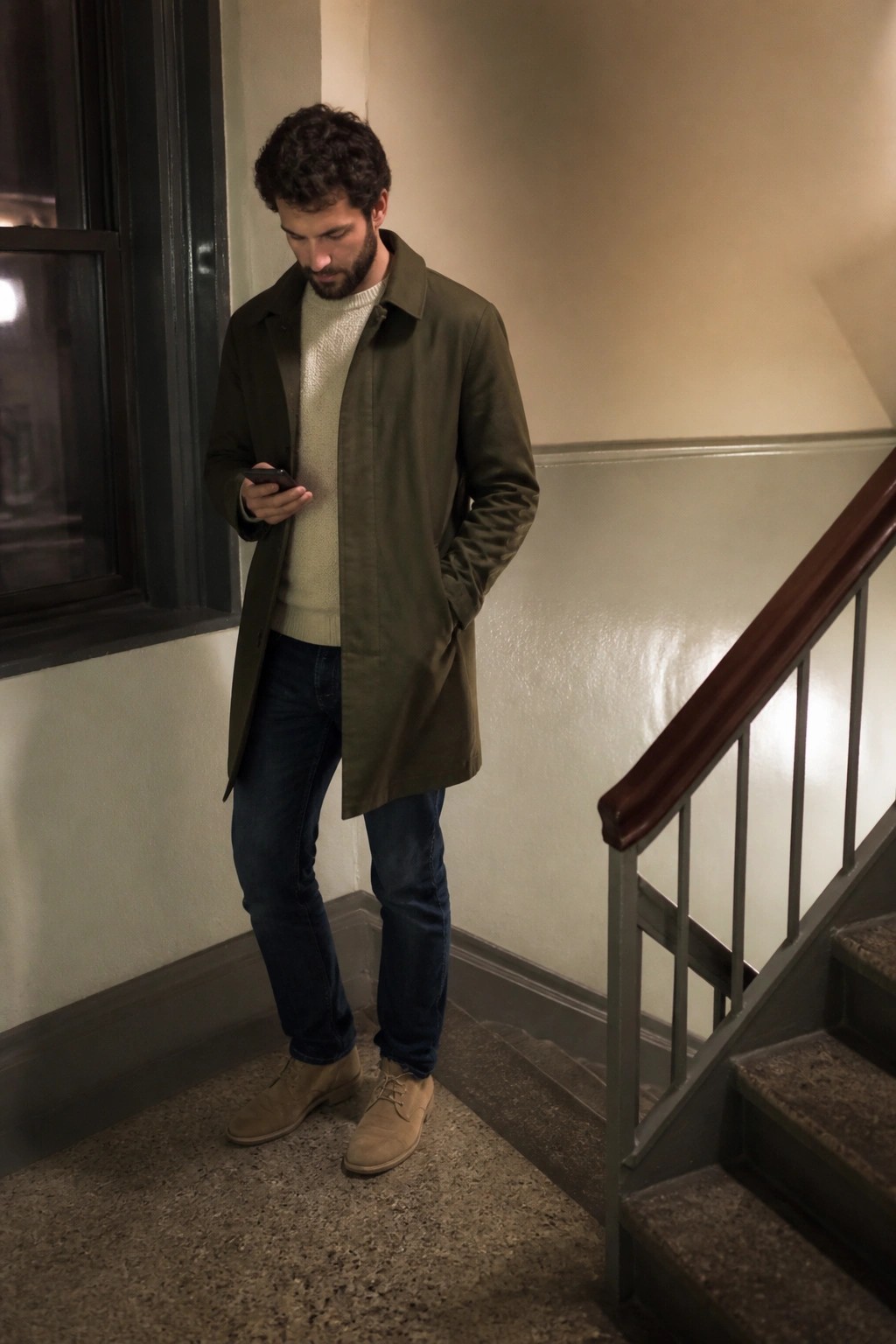 Man in green coat checks phone on indoor staircase landing with wooden railing