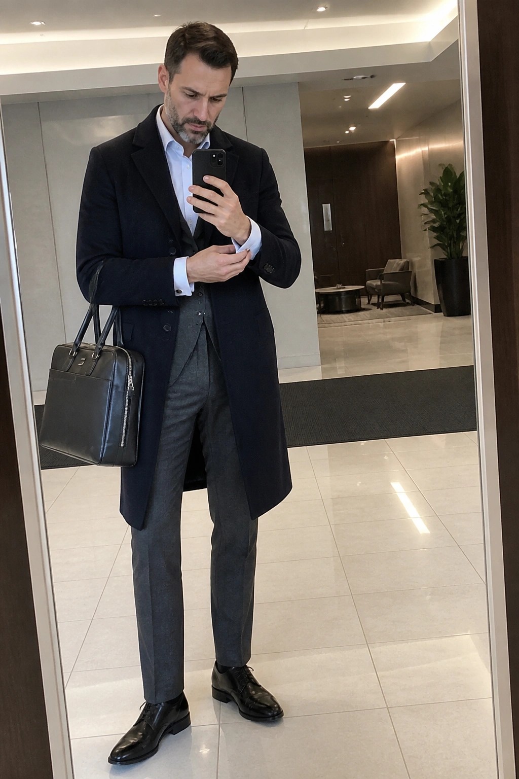 Man in navy overcoat and gray suit checks smartphone holding leather briefcase in lobby.