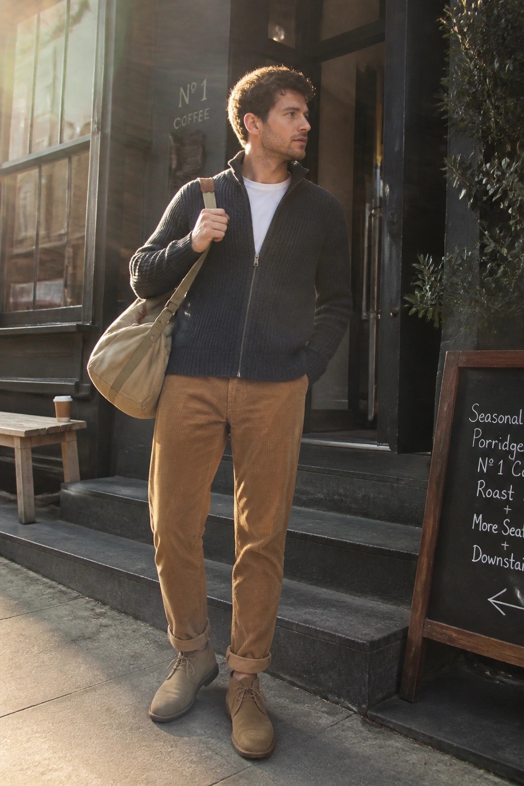 Man in gray zip sweater and brown corduroy pants with canvas bag outside cafe