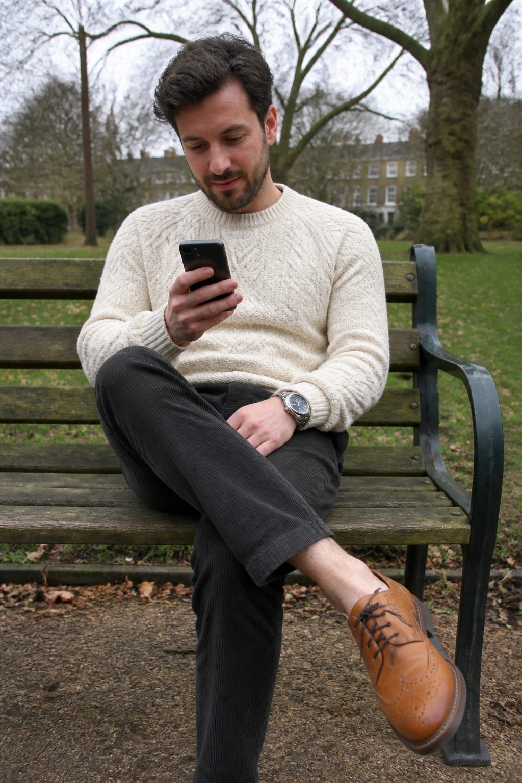 Man in cream cable-knit sweater views smartphone on wooden park bench