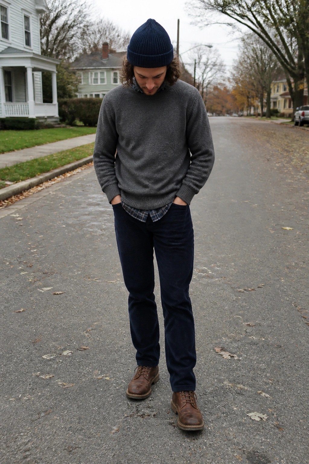 Man in blue beanie, gray sweater, plaid shirt, corduroy pants on suburban street.