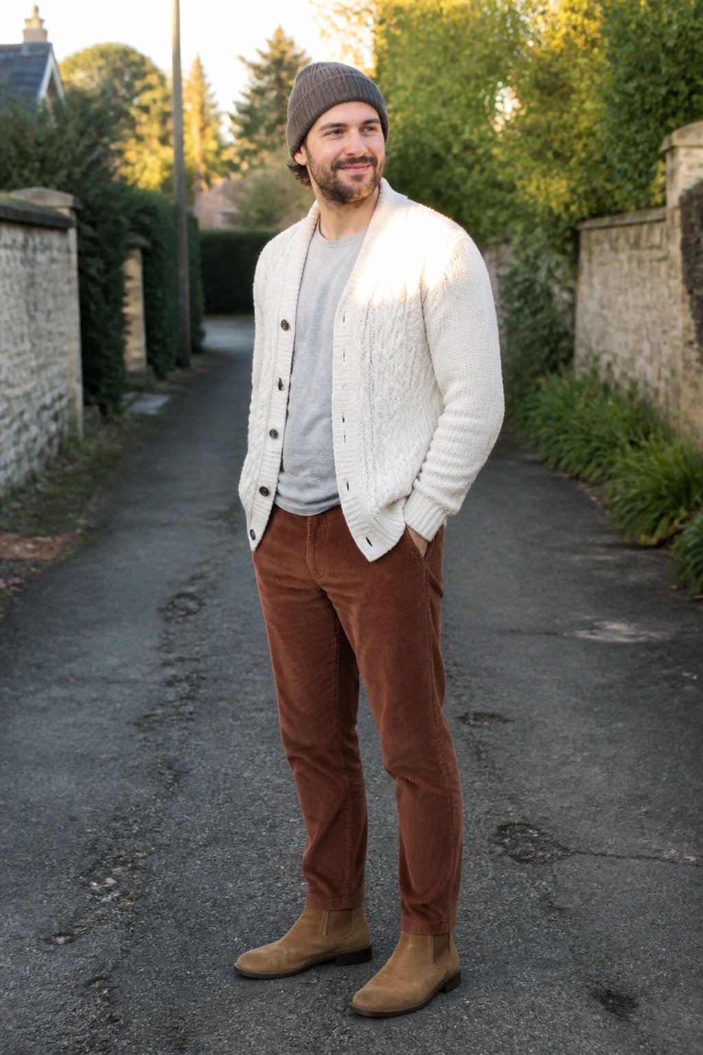 Man in brown corduroy trousers, cream cable knit cardigan over gray t-shirt, gray beanie, and brown suede Chelsea boots standing on a paved path.