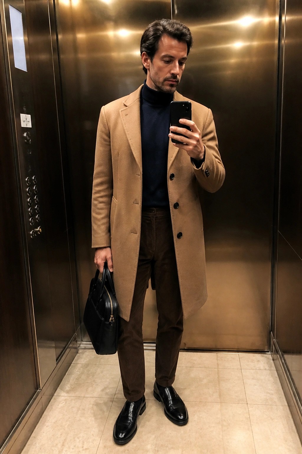 Man in tan overcoat and navy turtleneck taking selfie in elevator with black bag