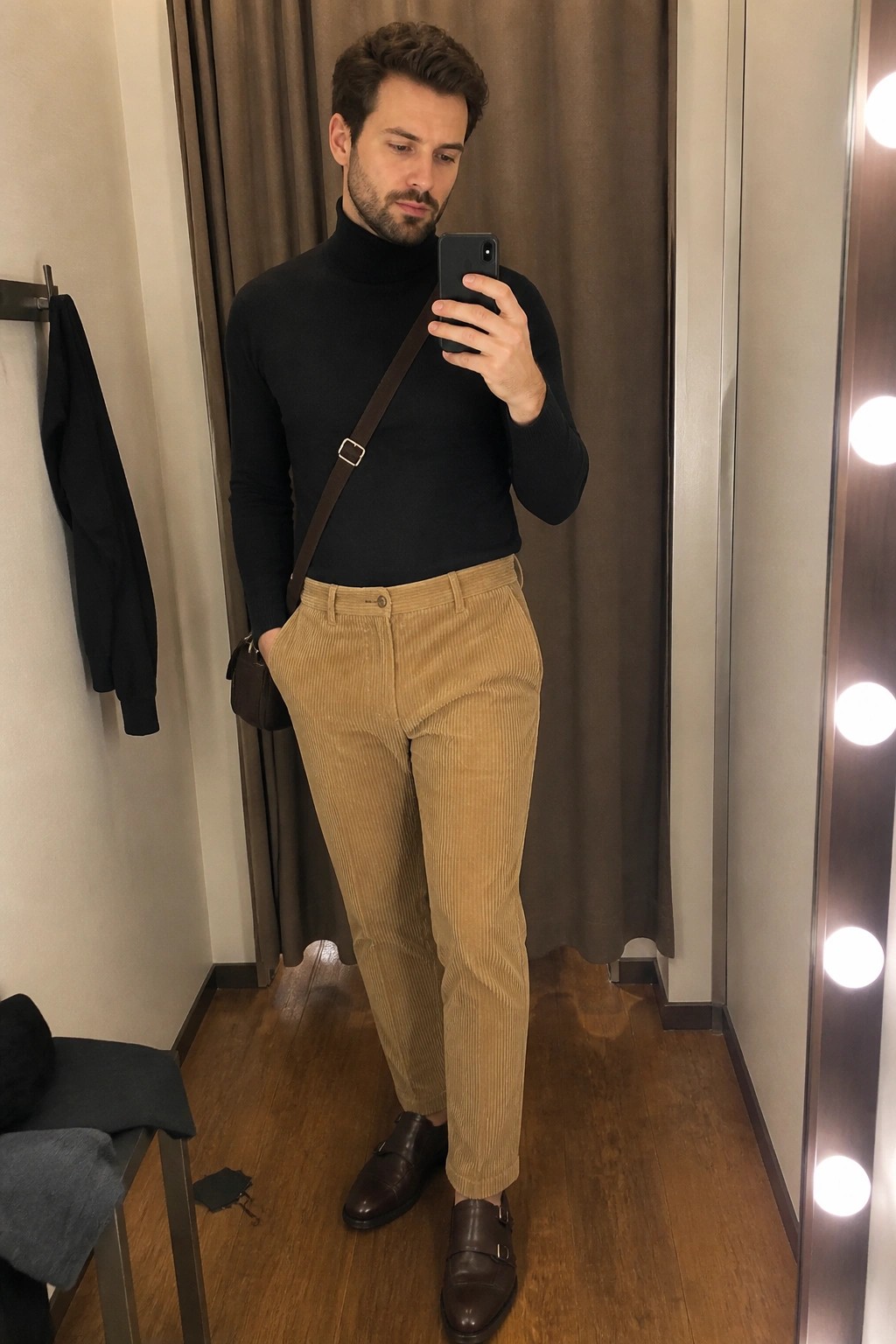 Man in black turtleneck and tan corduroy pants taking mirror selfie with phone