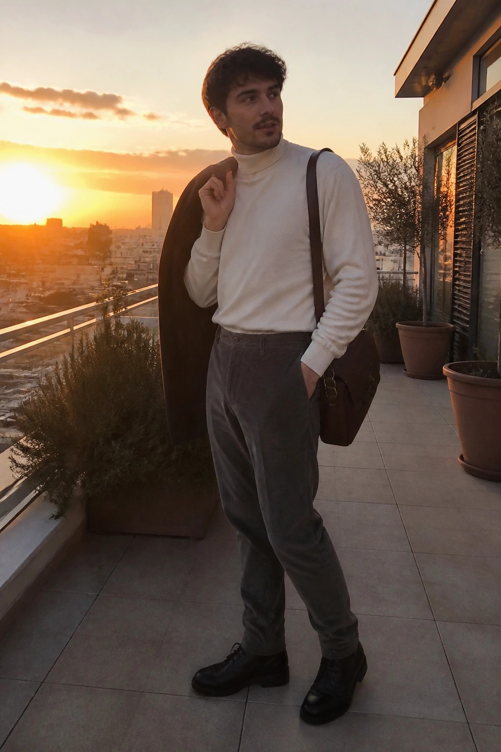Man in white turtleneck and grey pants holding coat with brown bag on sunset balcony