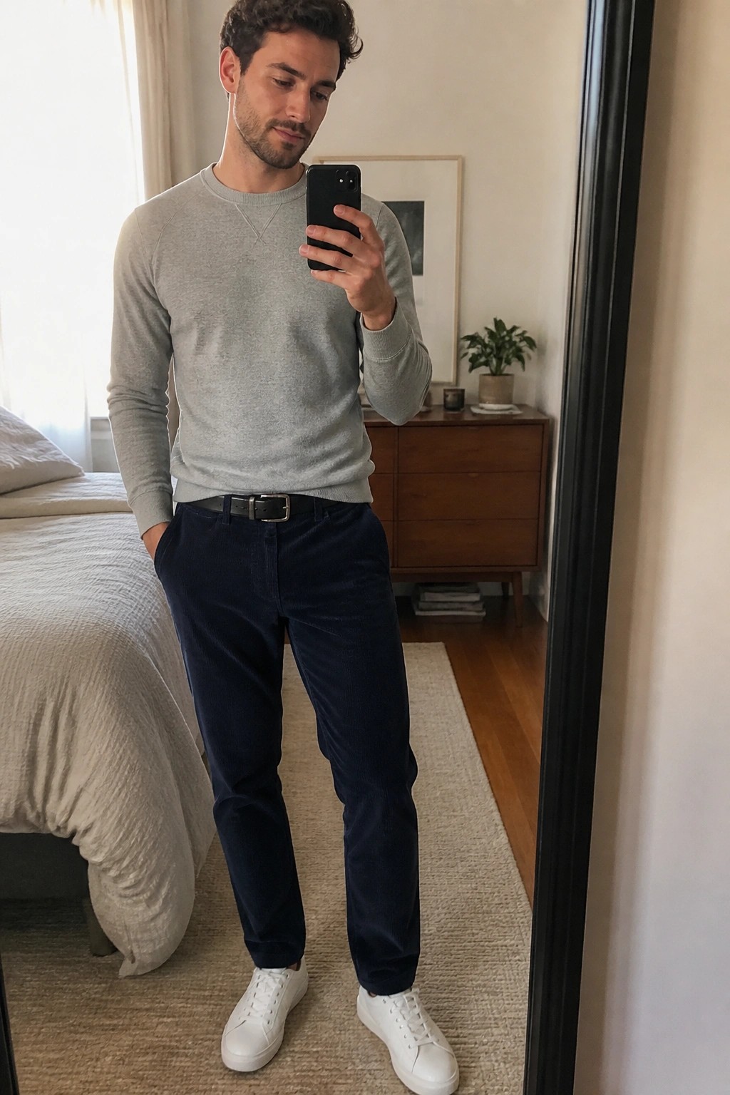 Man in gray sweater and navy corduroy pants taking mirror selfie in bedroom