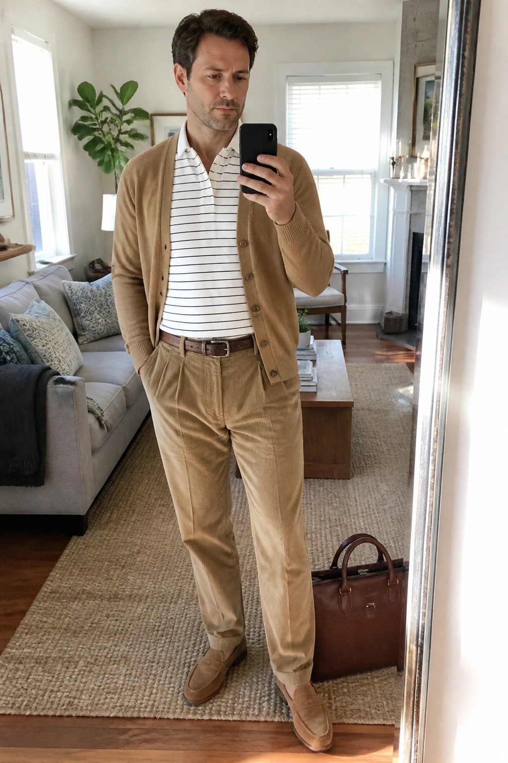 Man in tan cardigan over striped shirt with corduroy pants taking mirror selfie in living room