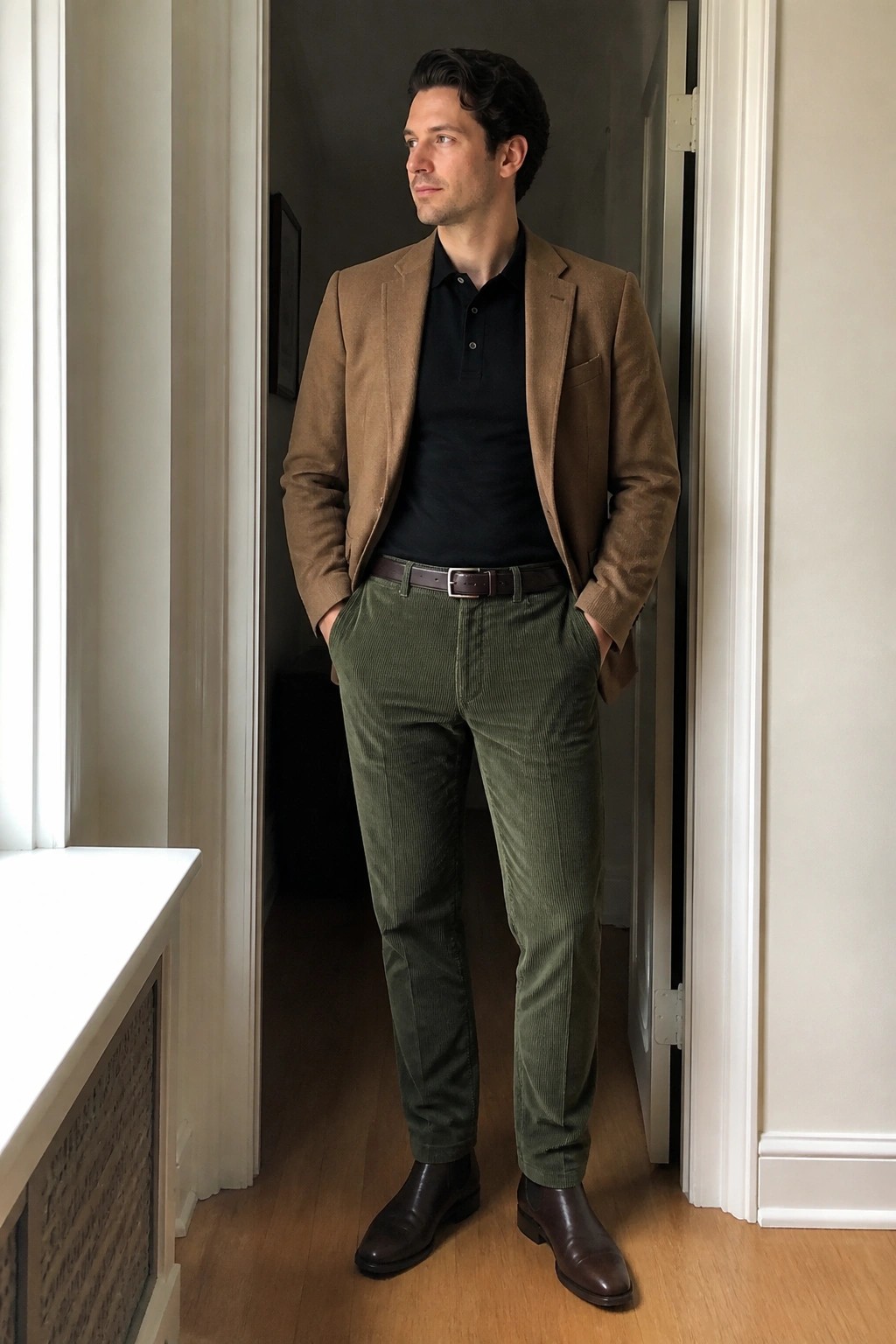 Man in brown blazer, black polo, green corduroy pants stands in doorway hands in pockets