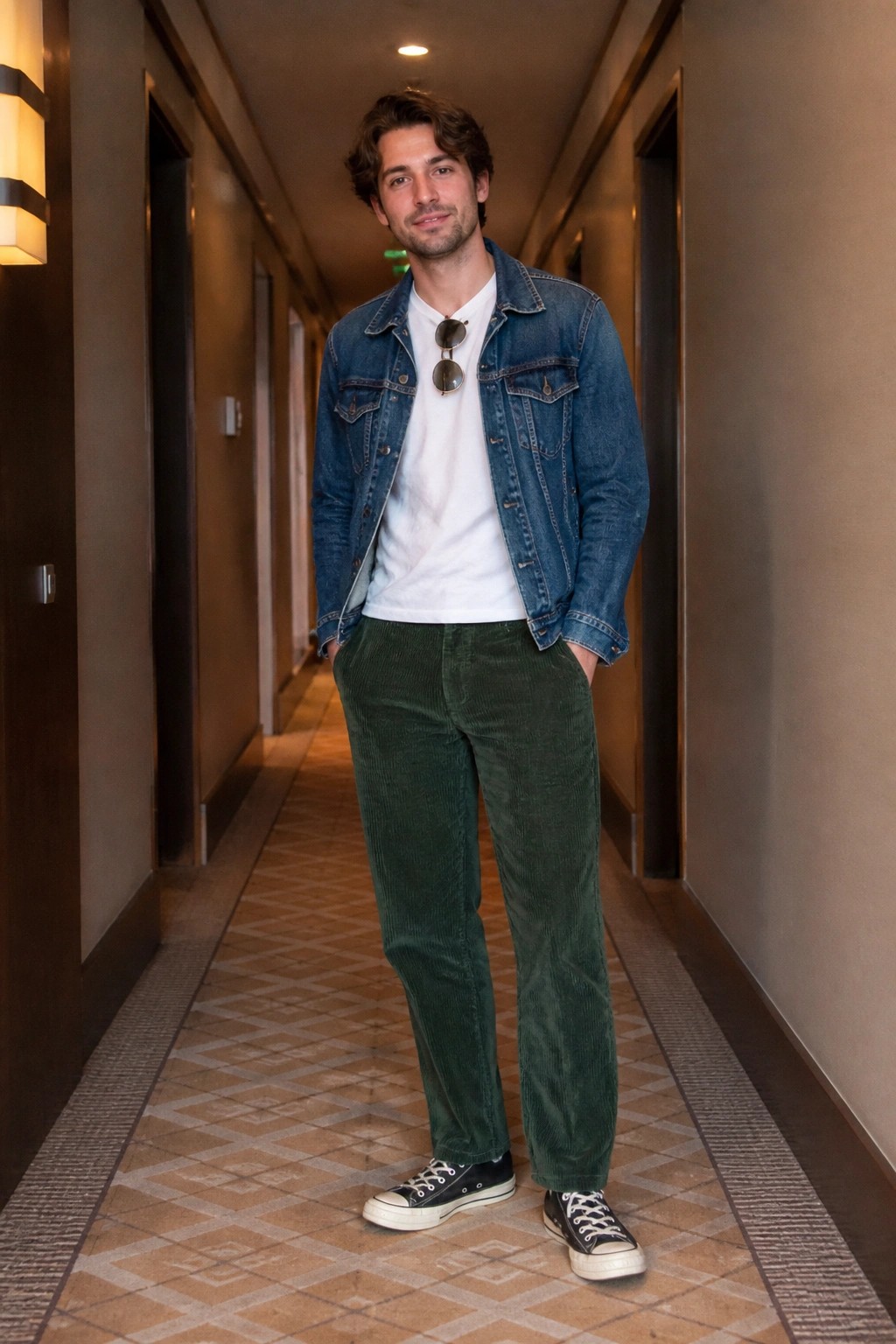 Man in blue denim jacket and green corduroy pants stands in hallway with hands in pockets