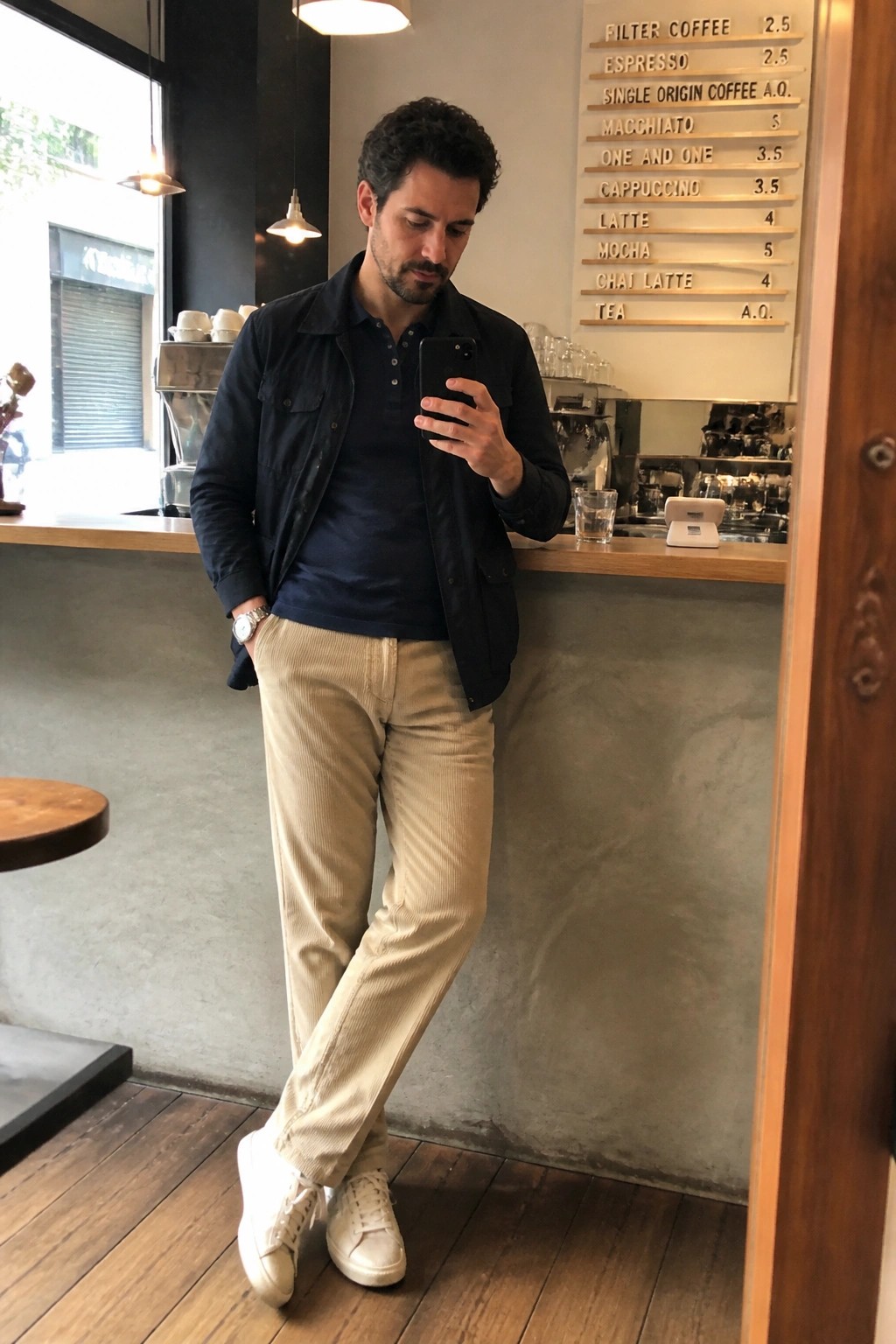 Man in navy jacket and beige corduroy pants checks phone in coffee shop.