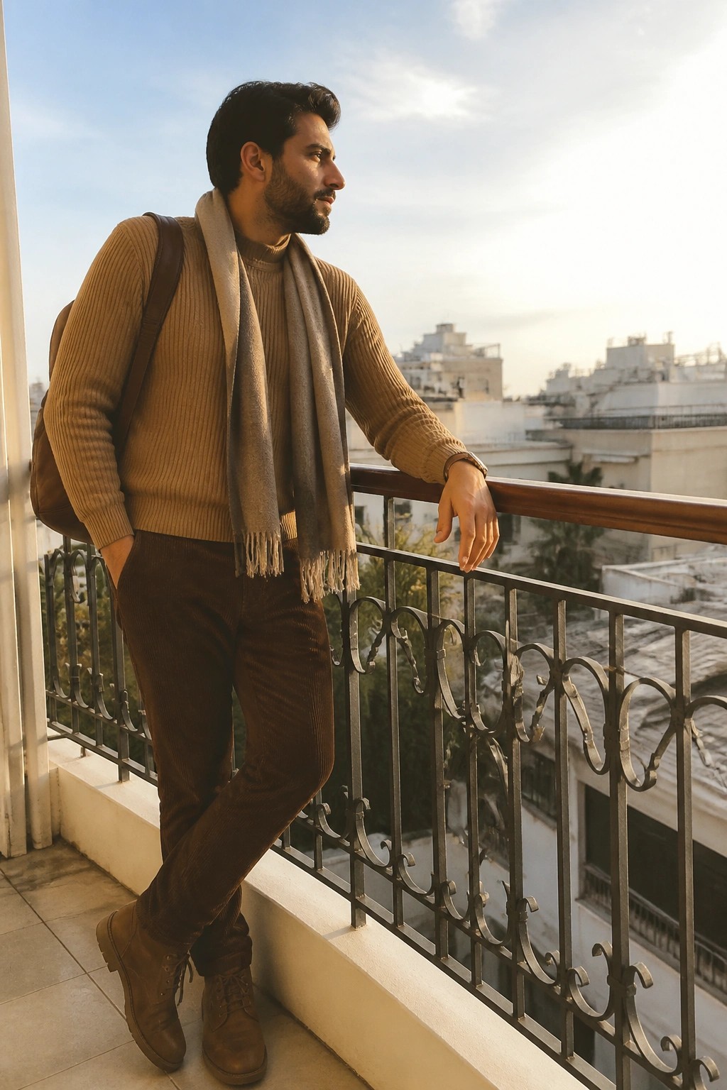 Man in brown sweater and scarf leans on ornate balcony railing overlooking city