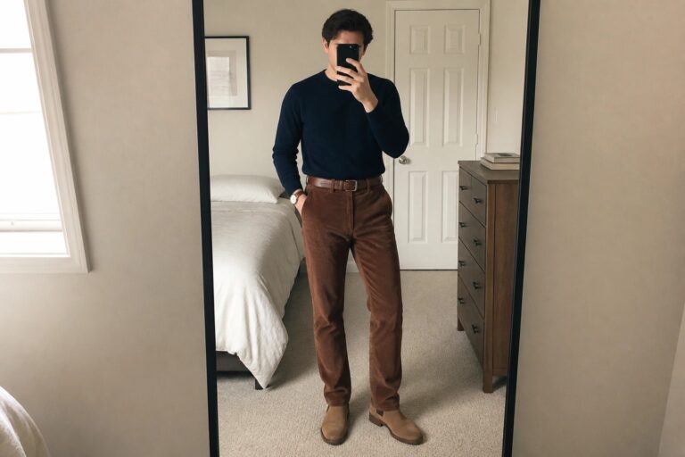 Man in navy sweater and rust corduroy pants taking bedroom mirror selfie