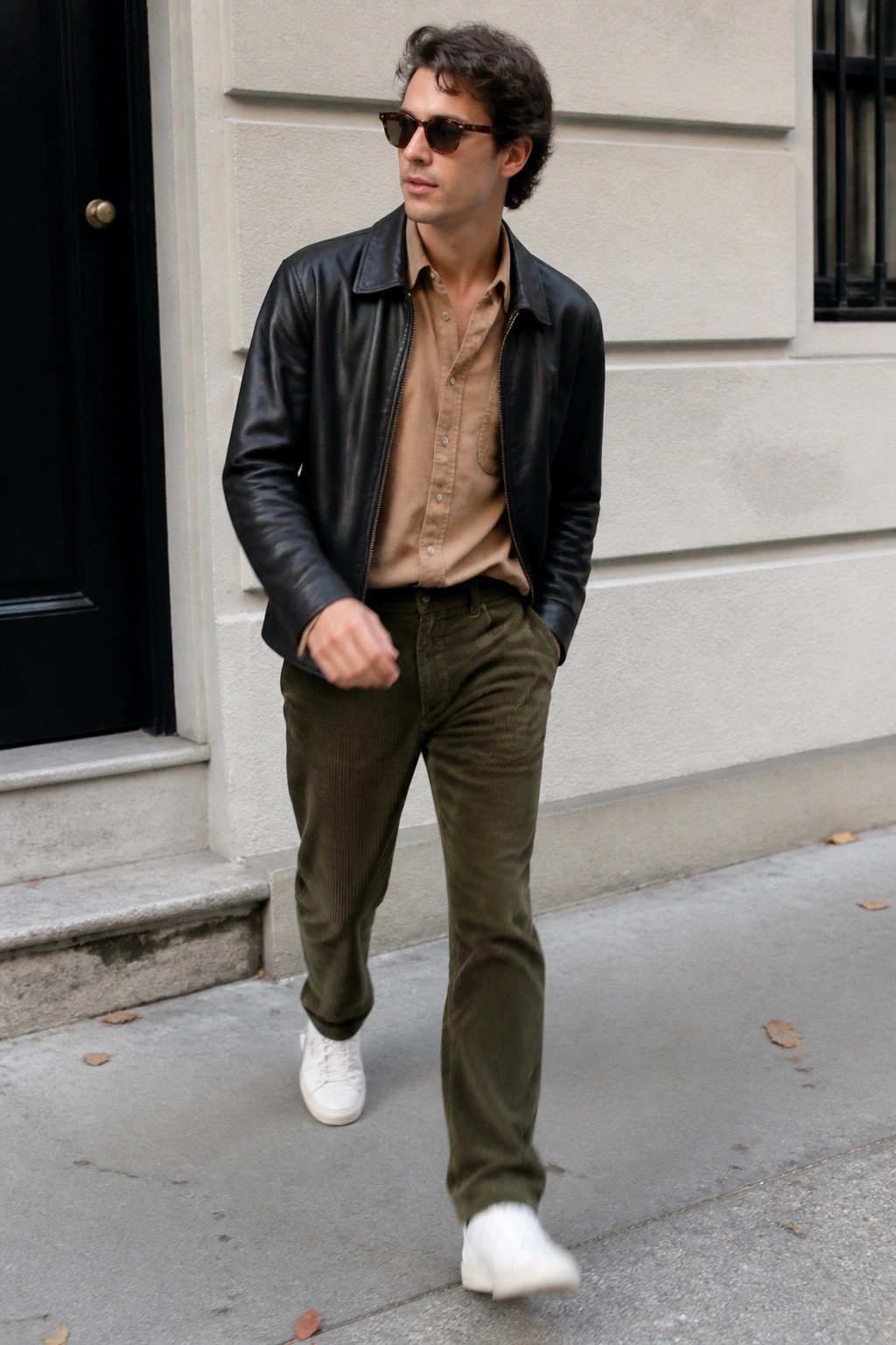 Man in black leather jacket, tan shirt, olive corduroy pants, and white sneakers on sidewalk