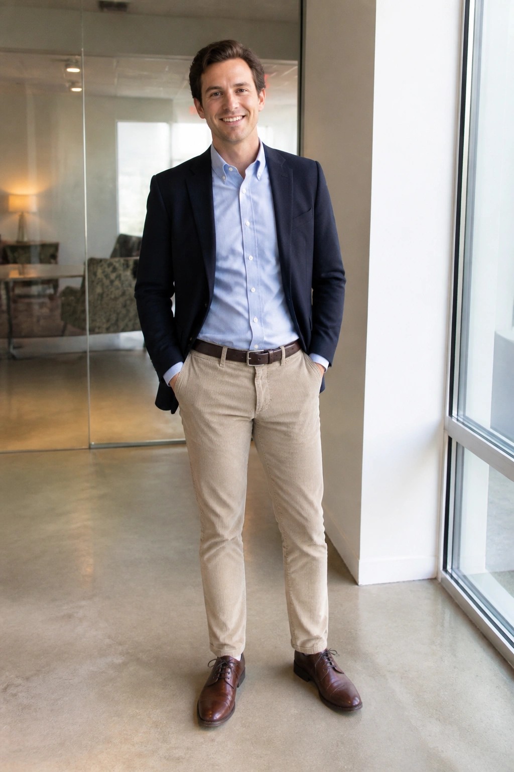 Smiling man in navy blazer, blue shirt, beige corduroy pants stands in bright office