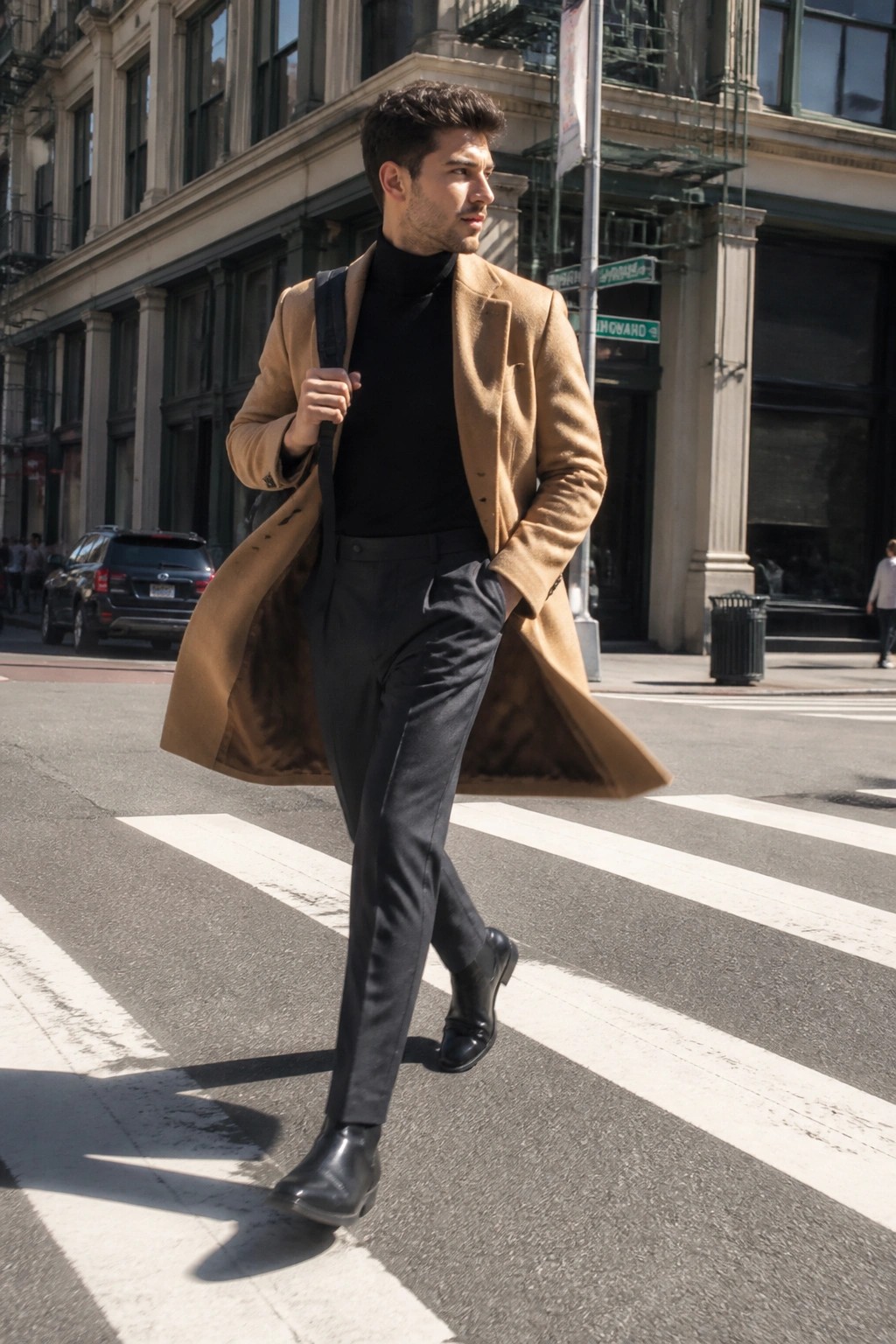 Man in open tan overcoat over black turtleneck crossing sunny city crosswalk
