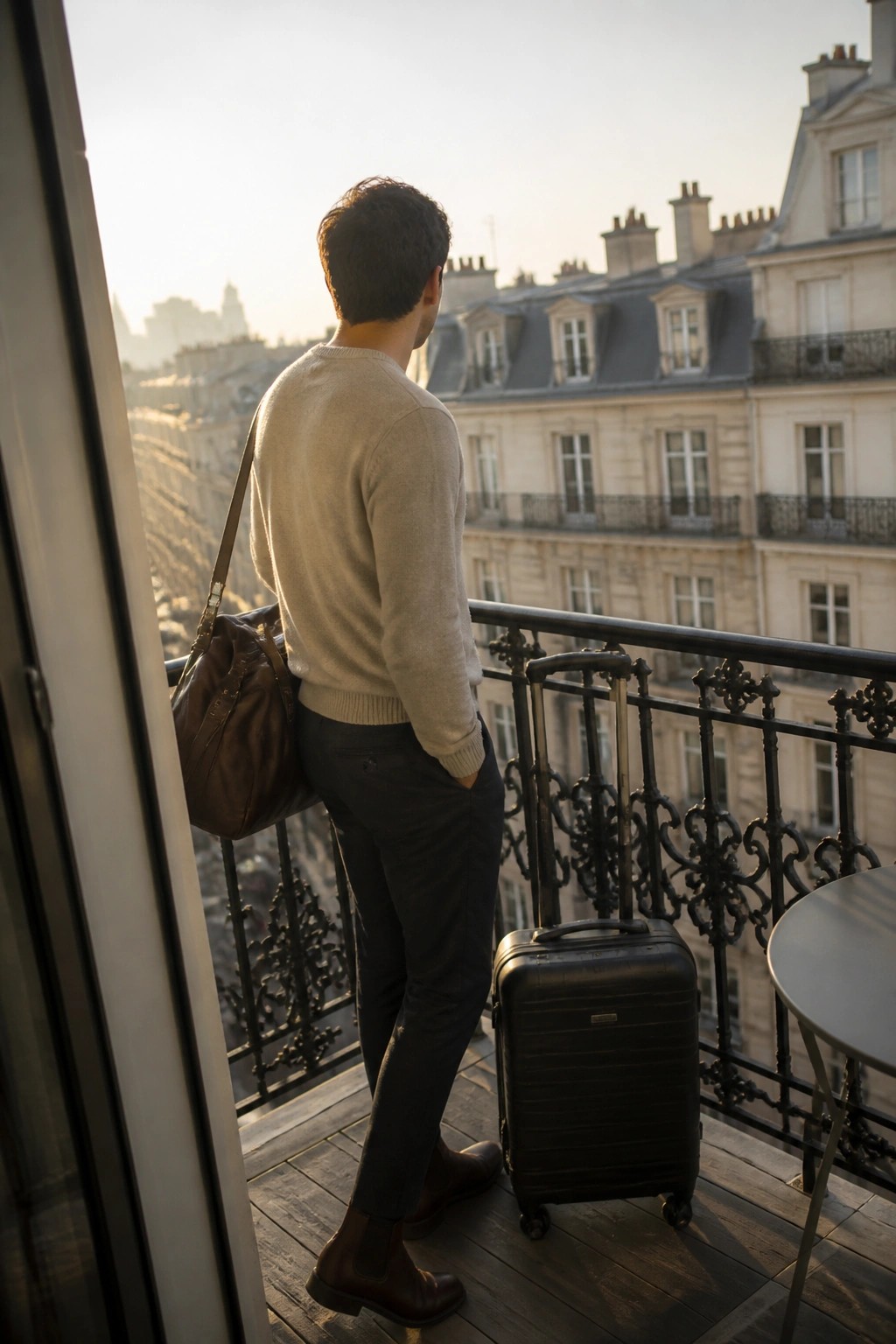 Man in beige sweater with luggage on ornate balcony overlooking Paris rooftops at sunset