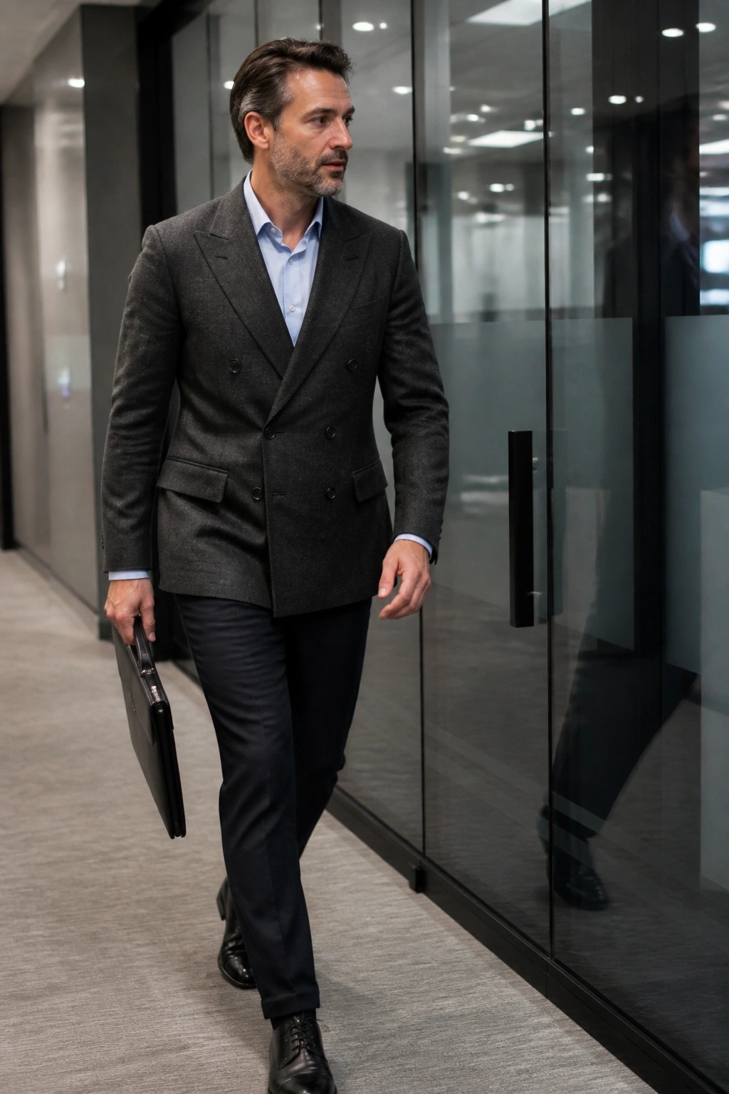 Businessman in dark gray double-breasted suit carrying briefcase in glass office hallway