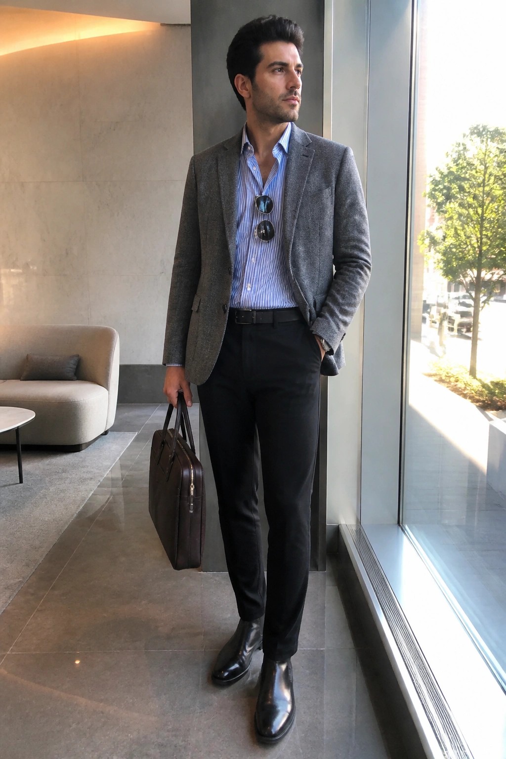 Man in gray blazer over blue striped shirt holds brown briefcase by window