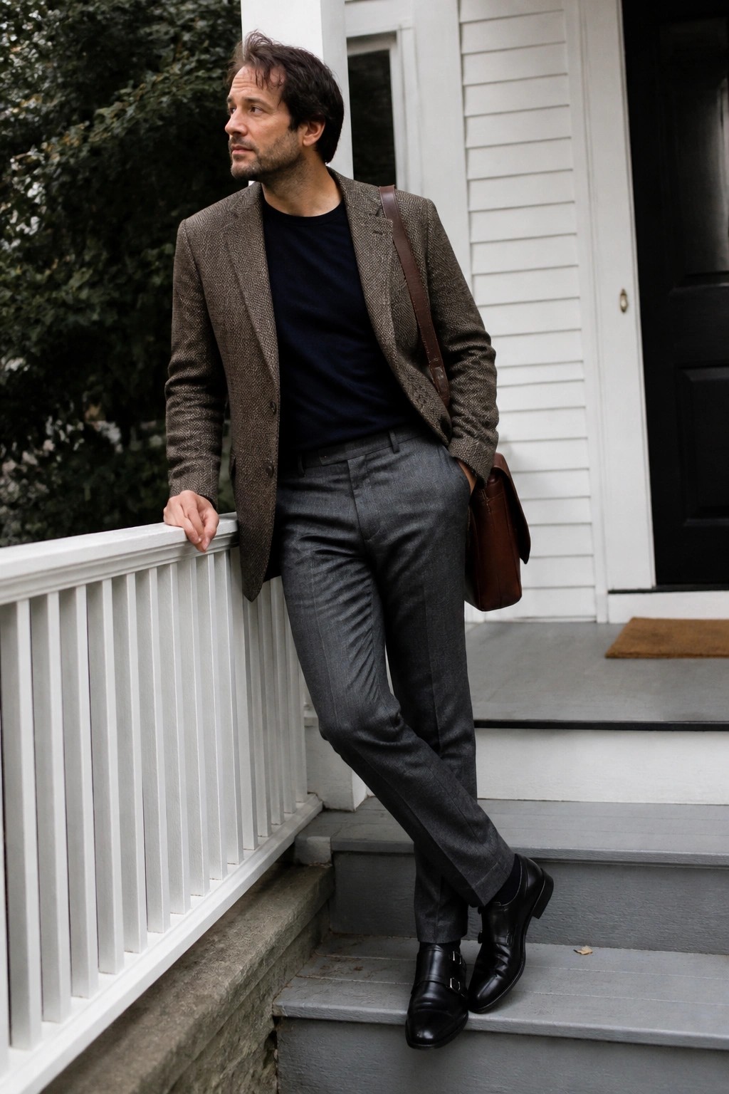Man in brown tweed blazer, gray trousers, and leather bag on porch steps