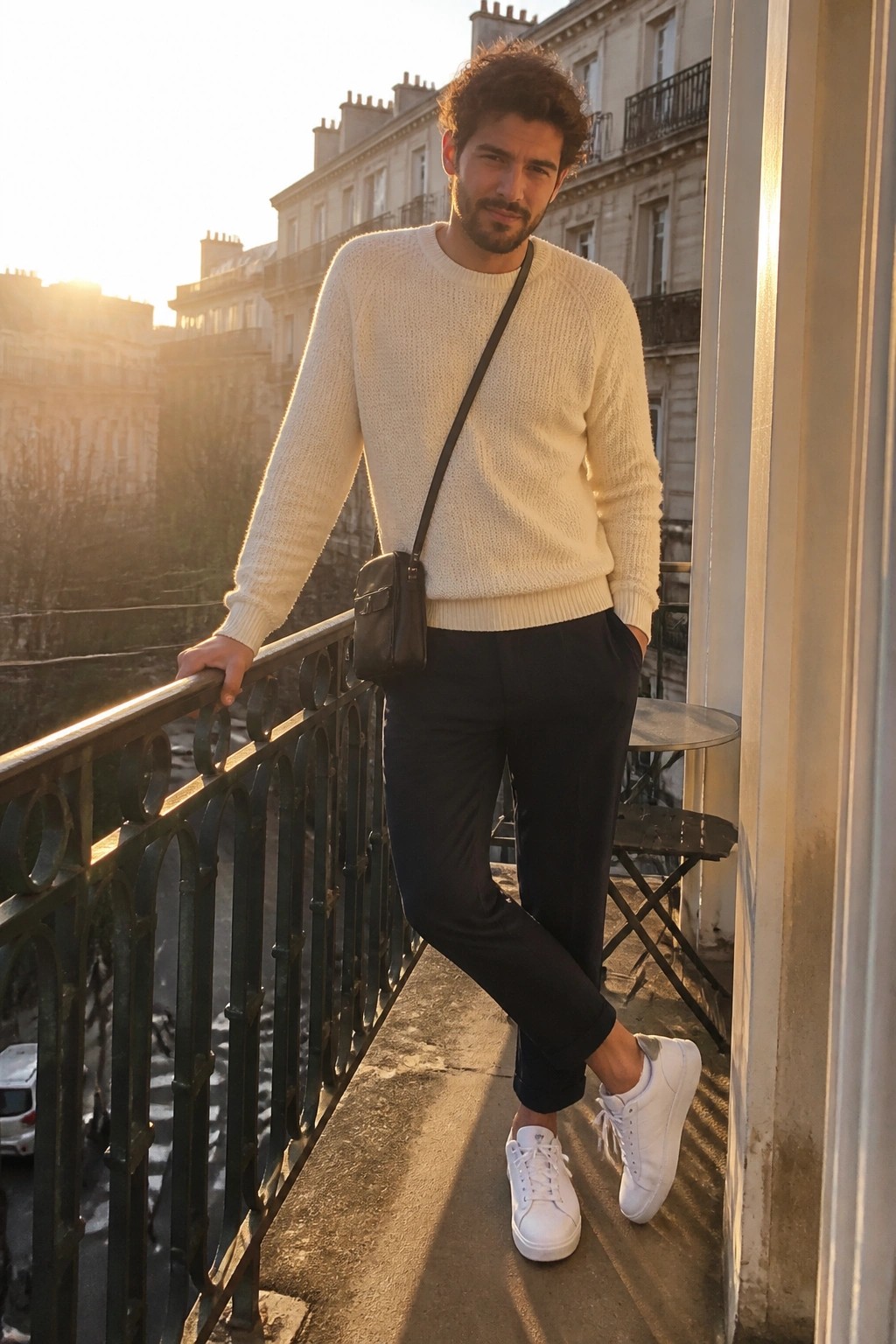Man in cream knit sweater with black bag on sunlit balcony at sunset