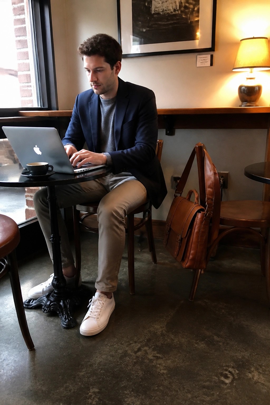 Man in navy blazer types on laptop at cafe table with coffee and leather bag.