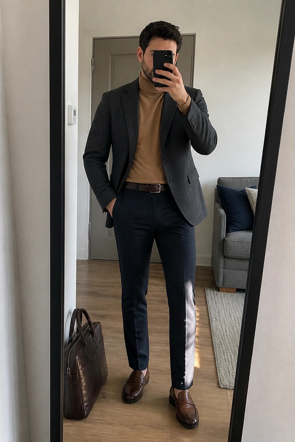 Man in gray blazer and tan turtleneck holding phone and leather bag in mirror