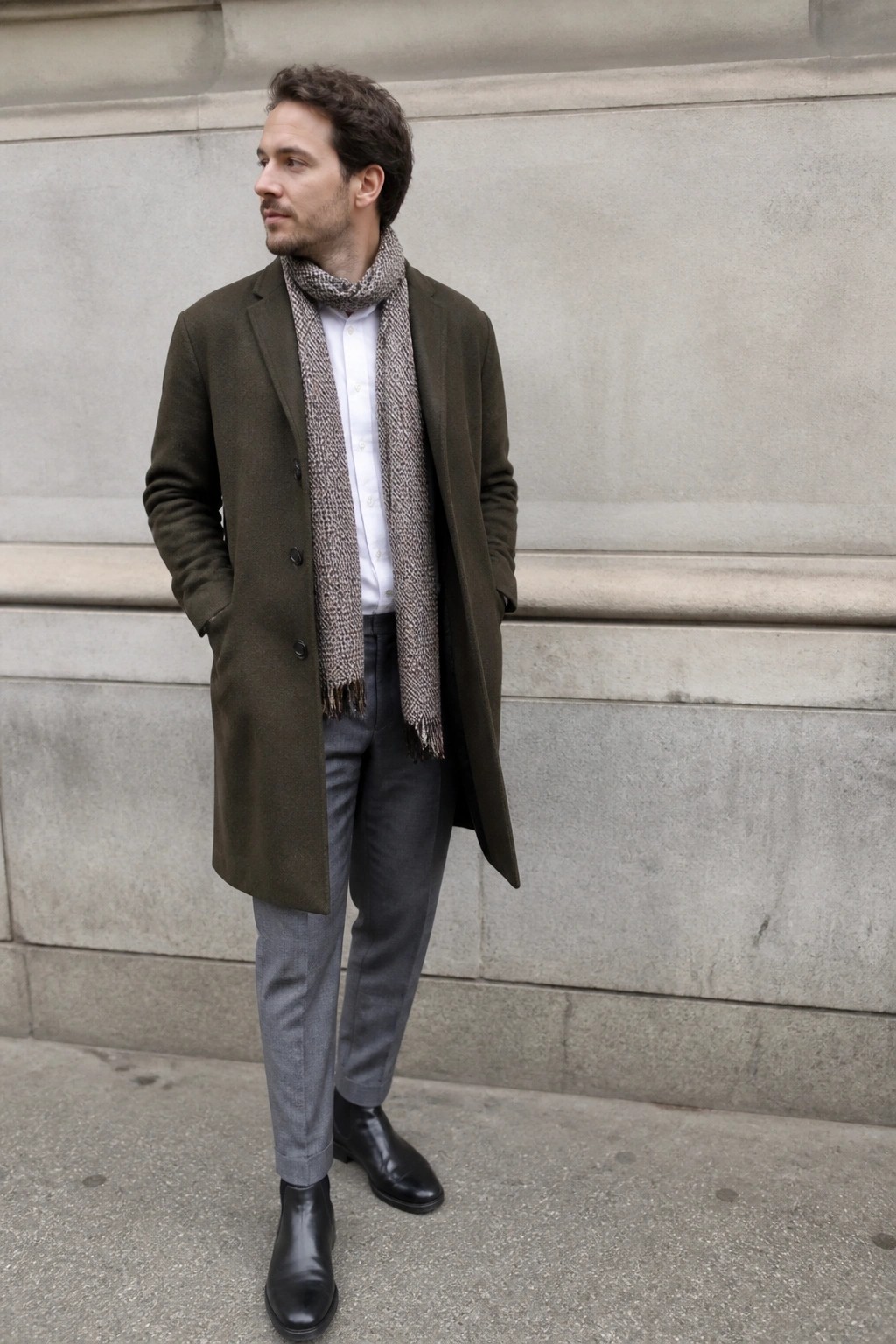 Man in olive overcoat, patterned scarf, white shirt, gray pants by stone wall.