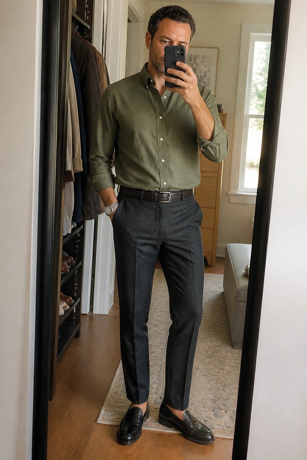 Man in olive shirt and dark pants taking mirror selfie in bedroom closet.